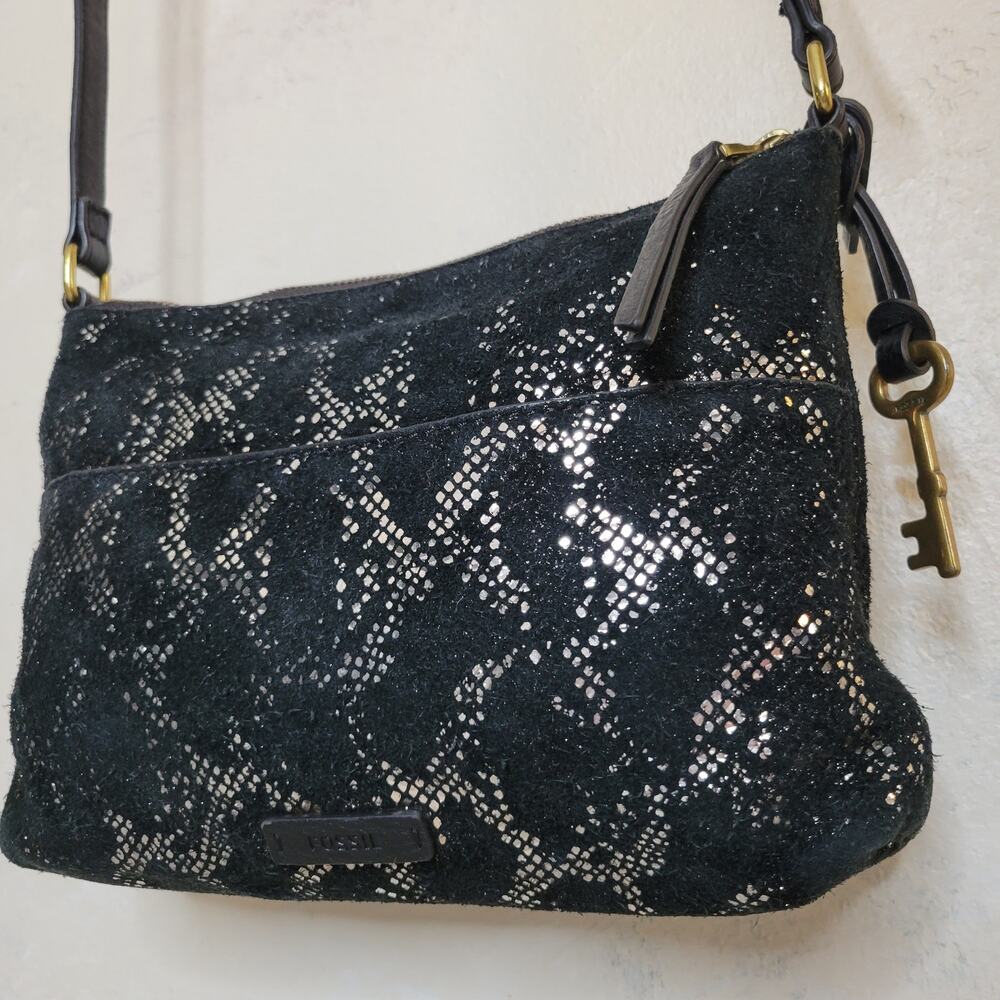 FOSSIL Fiona Leather Suede Silver Metallic Snakeskin Small Crossbody Adjustable - Picture 11 of 12